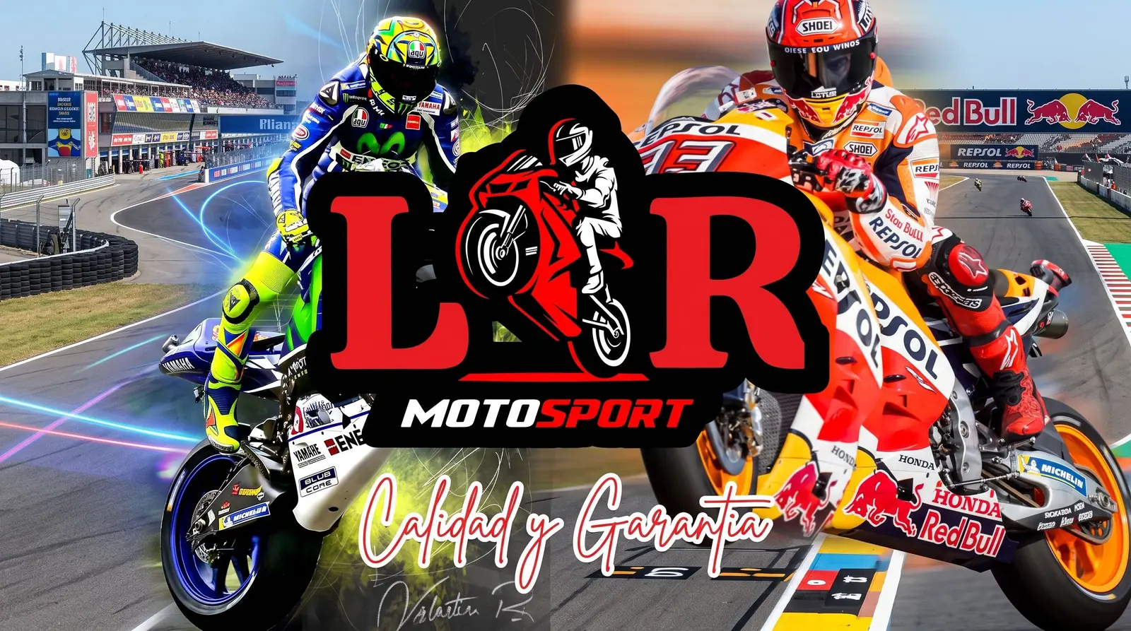 Banner de LyR Motosport: el logo del taller sobre imágenes de motociclismo de competencia, con el lema «Calidad y Garantía»